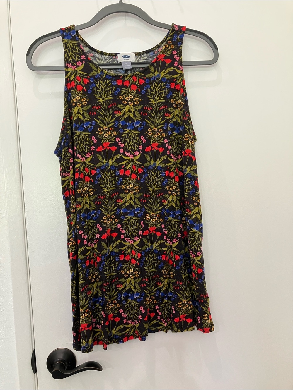 Old Navy Black Floral Tank Top with Red, Blue & Olive Green Print